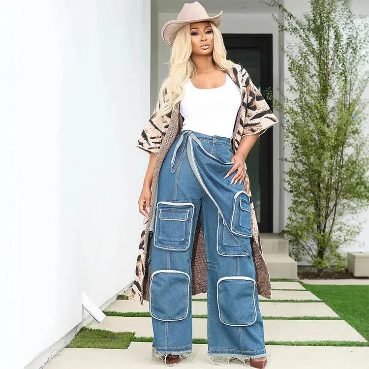 Women's Multi-Pocket Cargo Jeans High-Waisted Straight-Leg Style with Patches Street Fashion for Western Markets