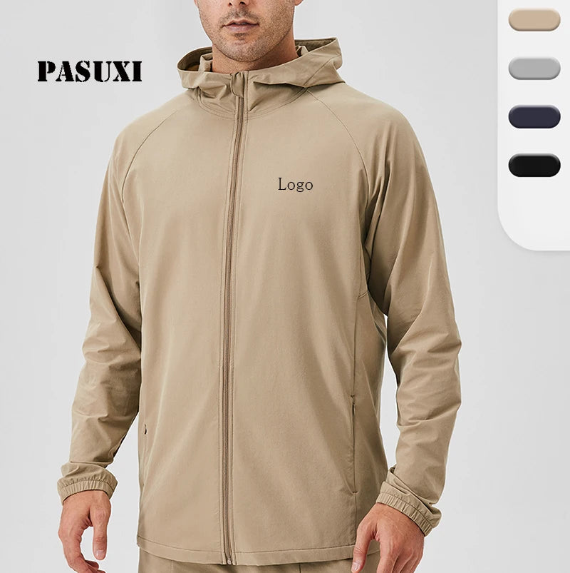 PASUXI Men's Windproof Running Jacket Sports Coat with Hood Lightweight Thermal Fitness Zipper Outdoor Training Jacket for Men