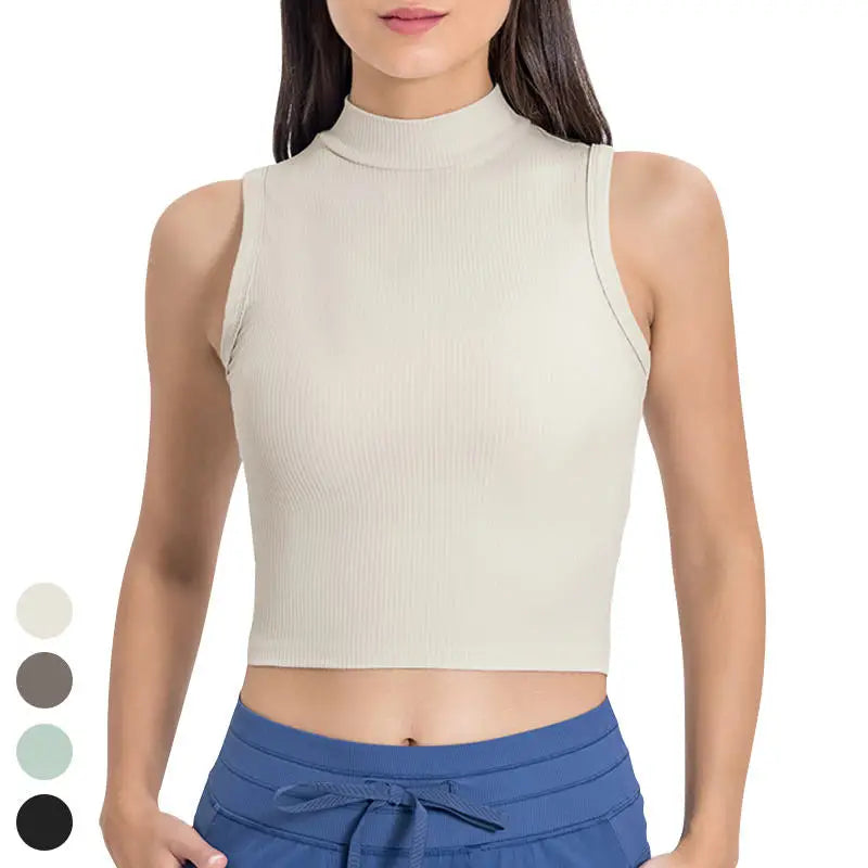 2024 Popular Quick Dry High Neck Shockproof Vest Ribbed Sleeveless Running Fitness Crop Top Yoga Tank Top