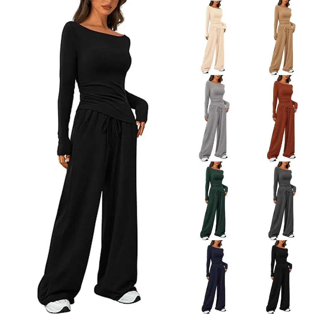 2025 Casual Set: Asymmetric Long-Sleeve T-Shirt with Wide-Leg Pants Casual Wear & Smooth Sportswear