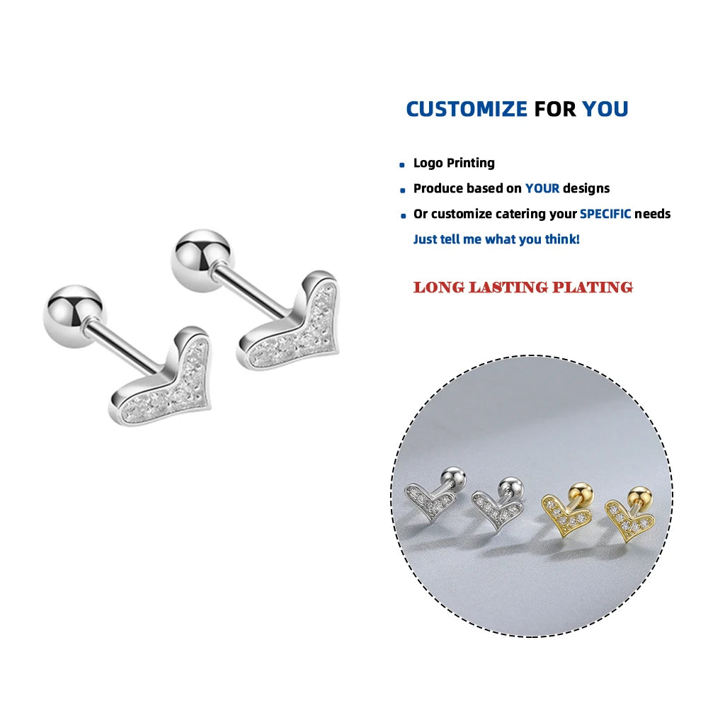 LE158 925 Sterling Silver Tiny Geometric Love Cz Minimalist Vintage Fashion Fine Jewelry Gold Plated Screw Back Earrings Women
