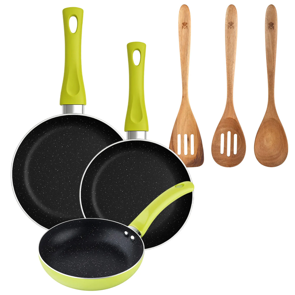 San Ignacio 3-piece frying pan set (20+24+28cm) green pressed aluminum + 3-piece acacia kitchen utensil set