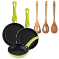 San Ignacio 3-piece frying pan set (20+24+28cm) green pressed aluminum + 3-piece acacia kitchen utensil set