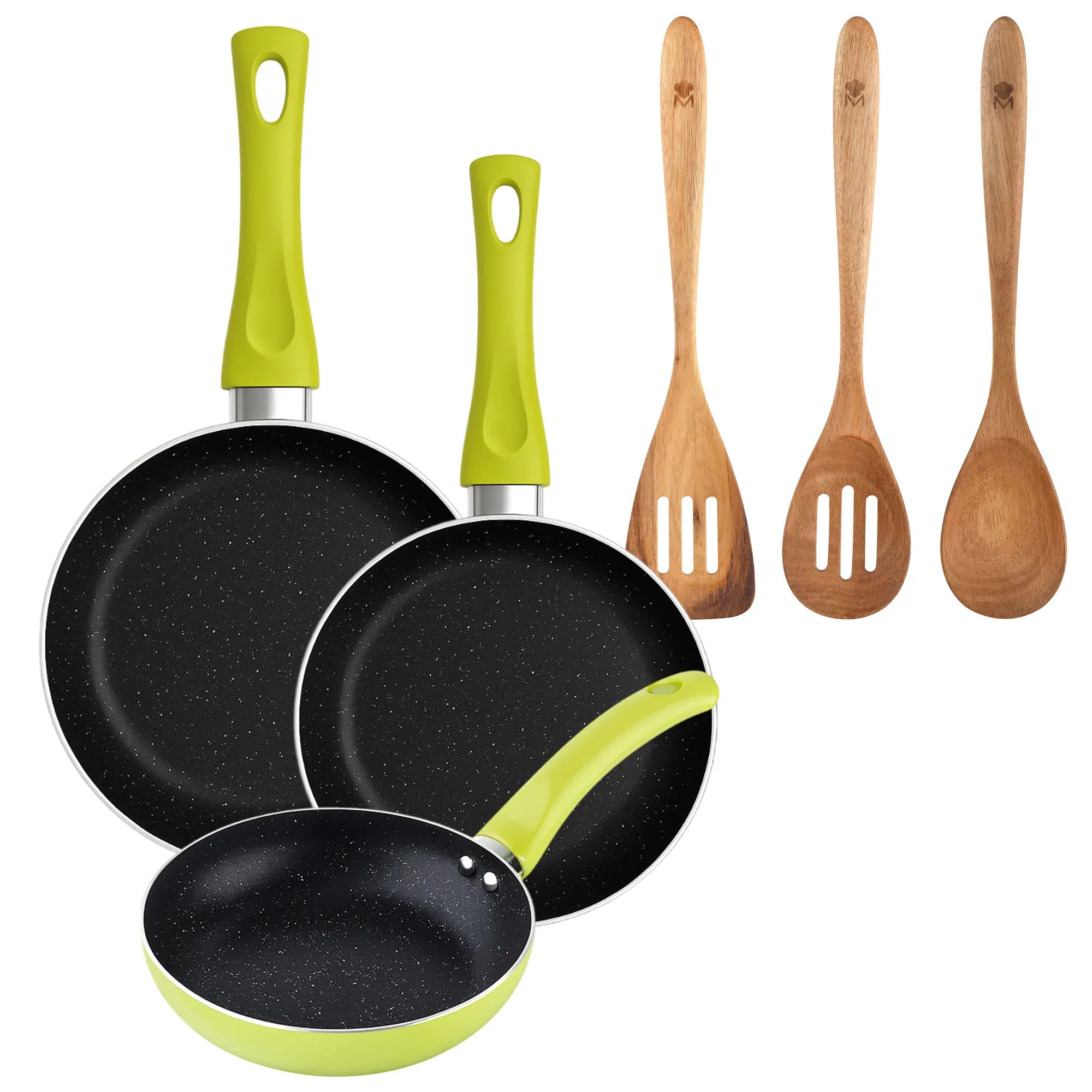 San Ignacio 3-piece frying pan set (20+24+28cm) green pressed aluminum + 3-piece acacia kitchen utensil set