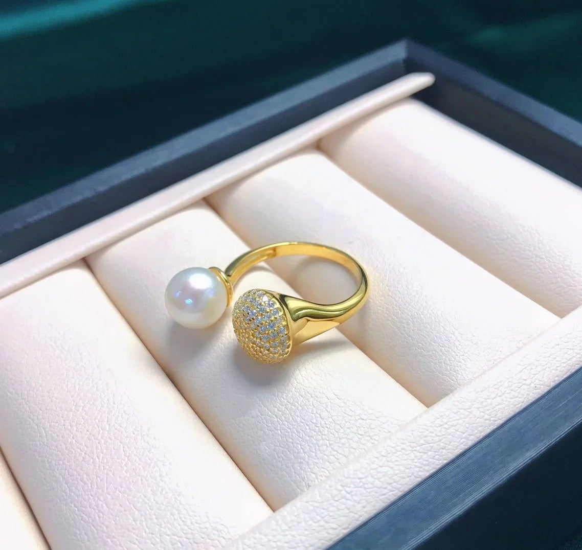 R1024 7-8mm Natural Freshwater Pearl Ring Accessory 925 Sterling Silver Adjustable Size Engagement Jewelry Ring for Women