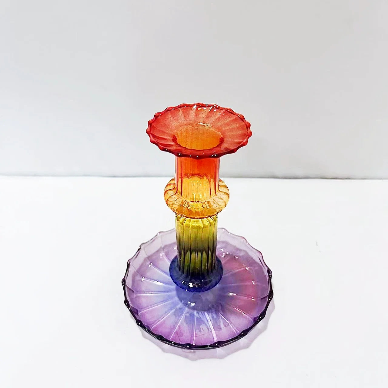 Customized Tapered Rainbow Gradient Ribbed Design High Borosilicate Hand Blown Glass Candle Holder Artistic Wedding Luxury Home