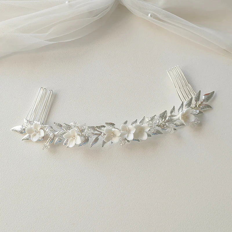 Aesthetic Silver Leaf Crystal Long Comb Elegant Hair Accessory for Women and Ladies for Wedding or Bride Headdress