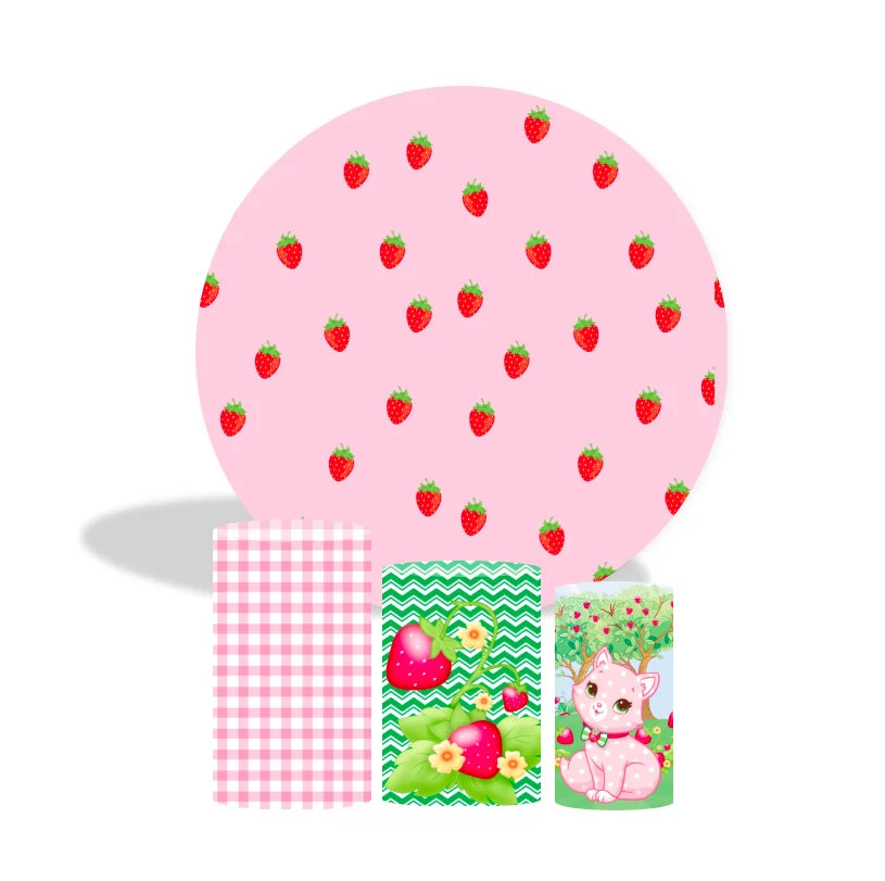 Hot Pink Strawberry First Birthday Backdrop Round Fabric Cover and Cylinder Cover Decorations for Birthday Event