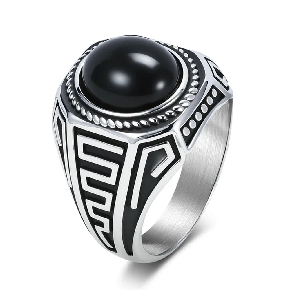 OAHLAN Wholesale Fashion Jewelry Vintage Style Artistic Niche Black Gemstone Stainless Steel Rings for Men Party Gifts