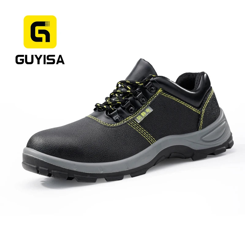 GUYISA New Style Sports Series Anti-static Two-layer Cowhide Upper Steel Toe Black Color Safety Shoes
