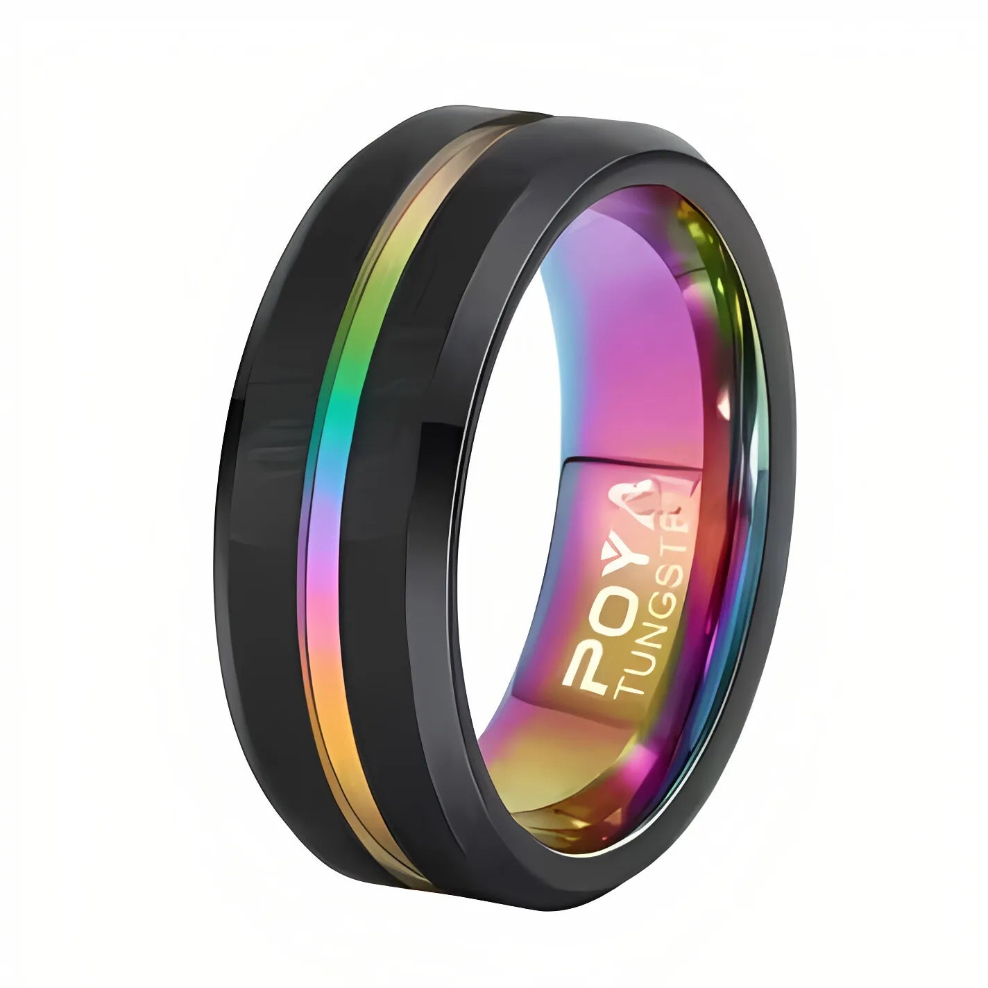 POYA 8mm Black Tungsten Wedding Band Rainbow Inlay Rainbow Inner Classic Engagement Ring
