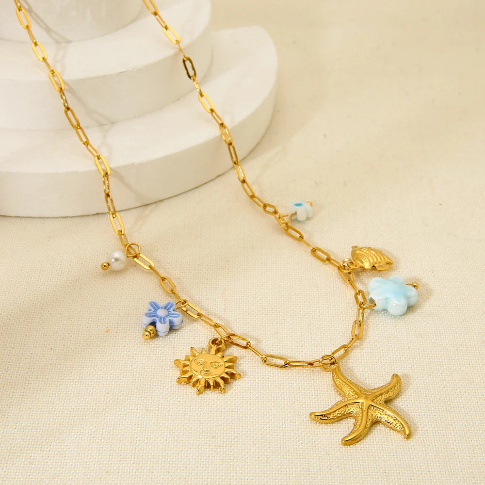 Waterproof Ocean Series Pendant Jewelry Stainless Steel Pearl Fish Sun Flower Starfish Charms Necklace for Women