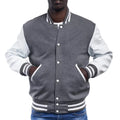 Custom College Bomber Jacket Grey Varsity Style with White Sleeves and Wool Body Snap Button Closure Baseball Letter Pattern