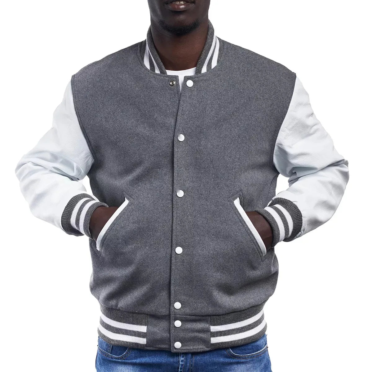 Custom College Bomber Jacket Grey Varsity Style with White Sleeves and Wool Body Snap Button Closure Baseball Letter Pattern