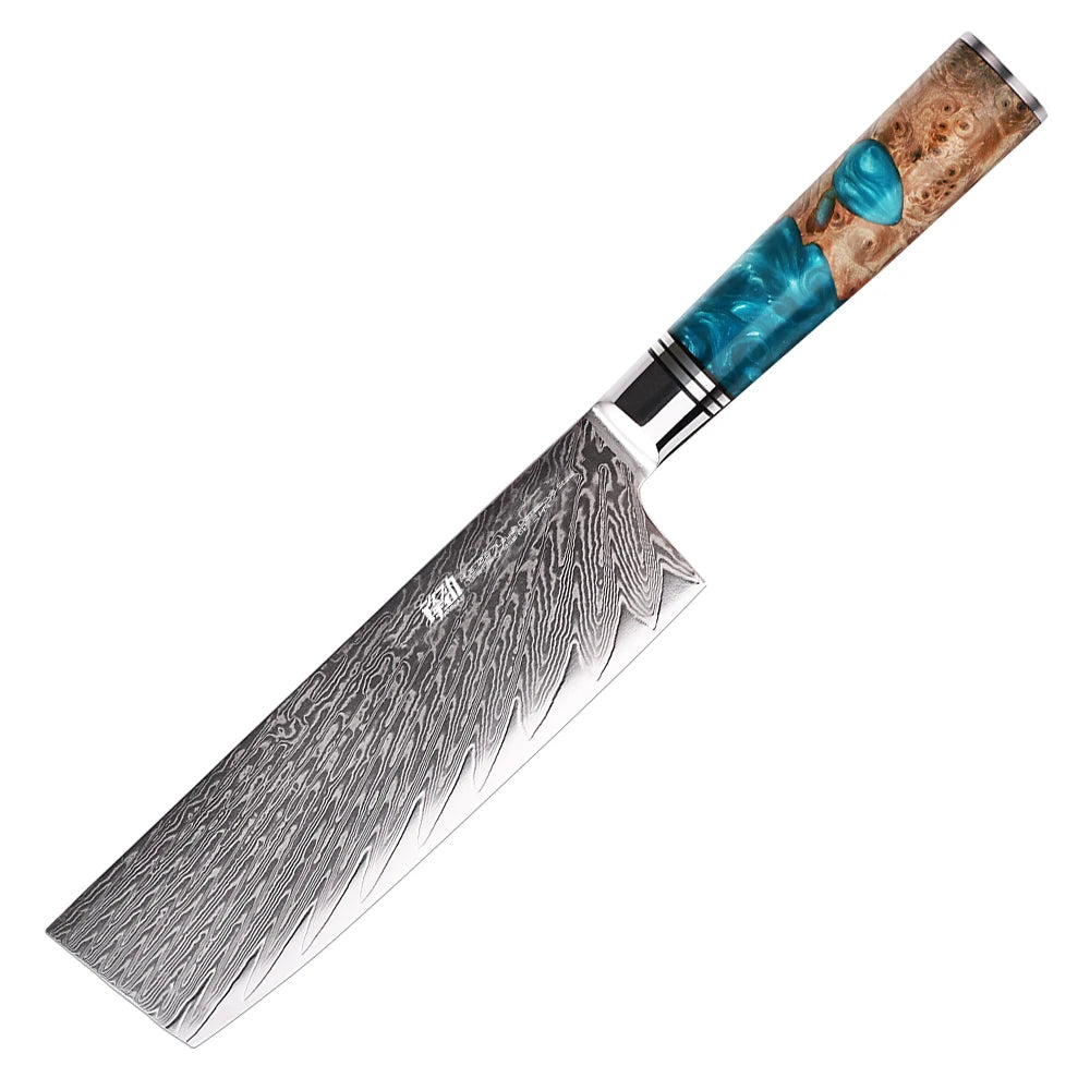 FINDKING Luxury Blue Resin Sapele Wood Handle 67 Layers Damascus Steel Nakiri Knife Chef Cooking Japanese Kitchen Knives