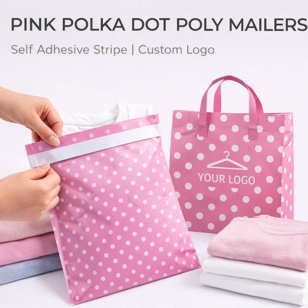 Custom logo pink Polka Dot Self Adhesive Stripe Flat Poly Mailers for Clothing Cosmetic Packaging Paper Bag with Your Own logo