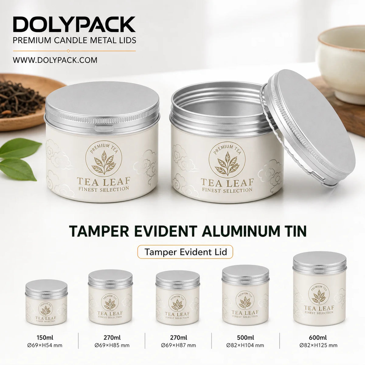 Brand Ready tamper evident aluminum tea tin in powder blue embossed leaf finish with easy-open tamper-evident lid for tea MegaBDM