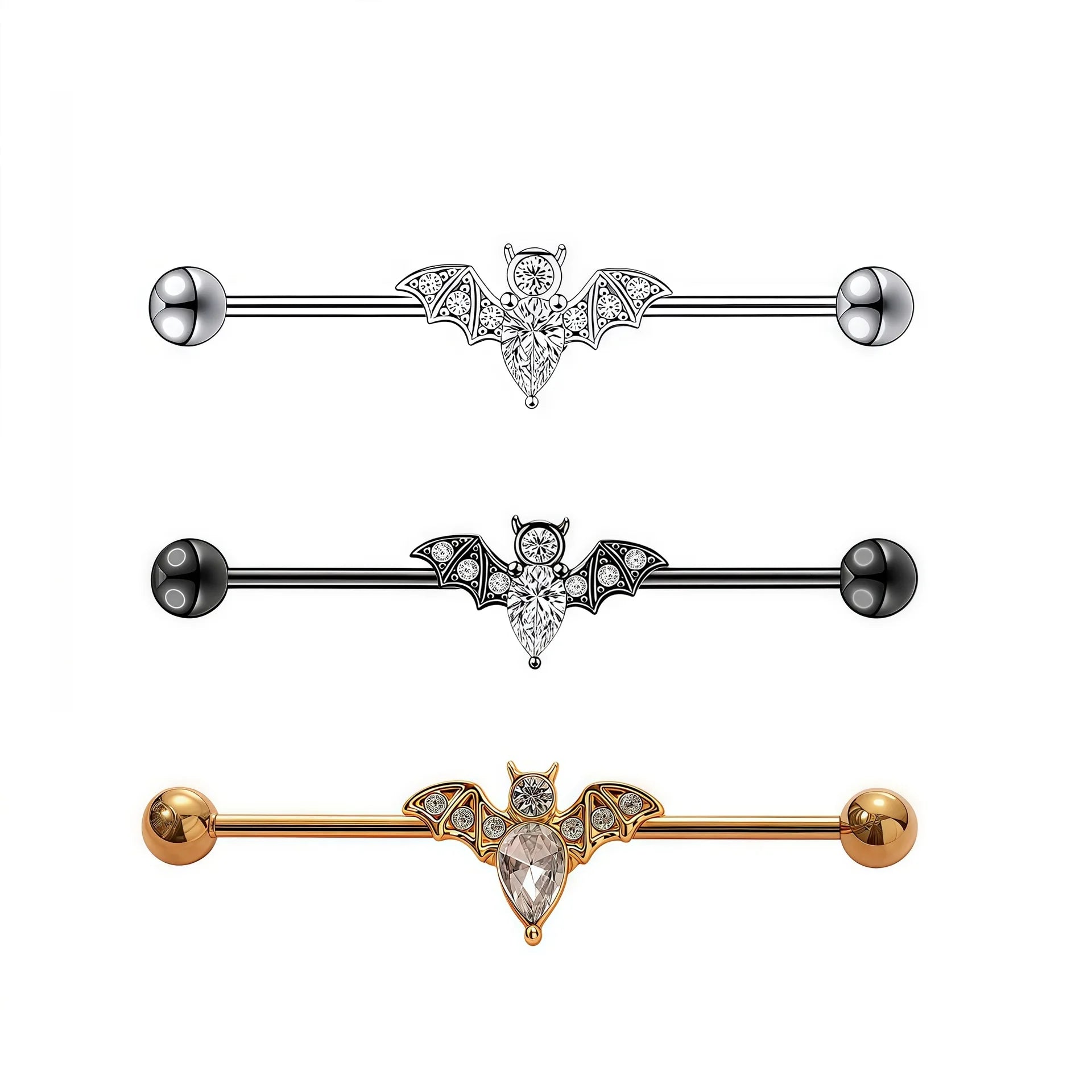 Zircon Embellished Stainless Steel Bat Ear Cartilage Piercing Industrial Barbell 3-Color Edgy Style Trendy Fashion for Piercing