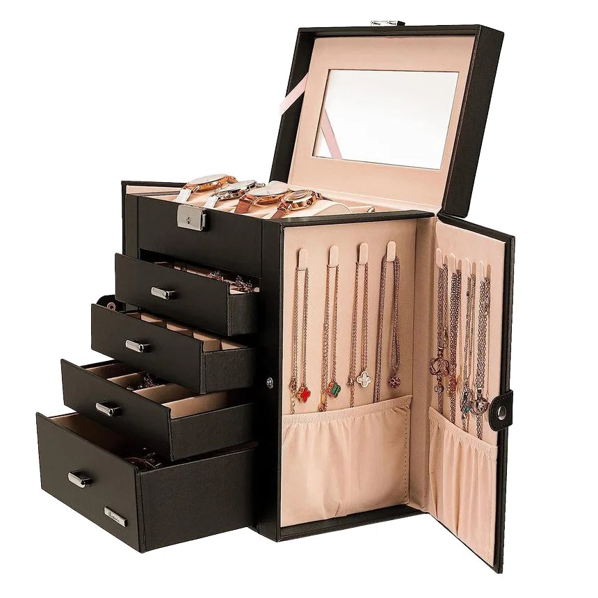 Jewellery Ring Bracelets Storage Case Large Capacity Mirror Lock Jewelry Box Black 5 Layer Travel Jewelry Case MegaBDM