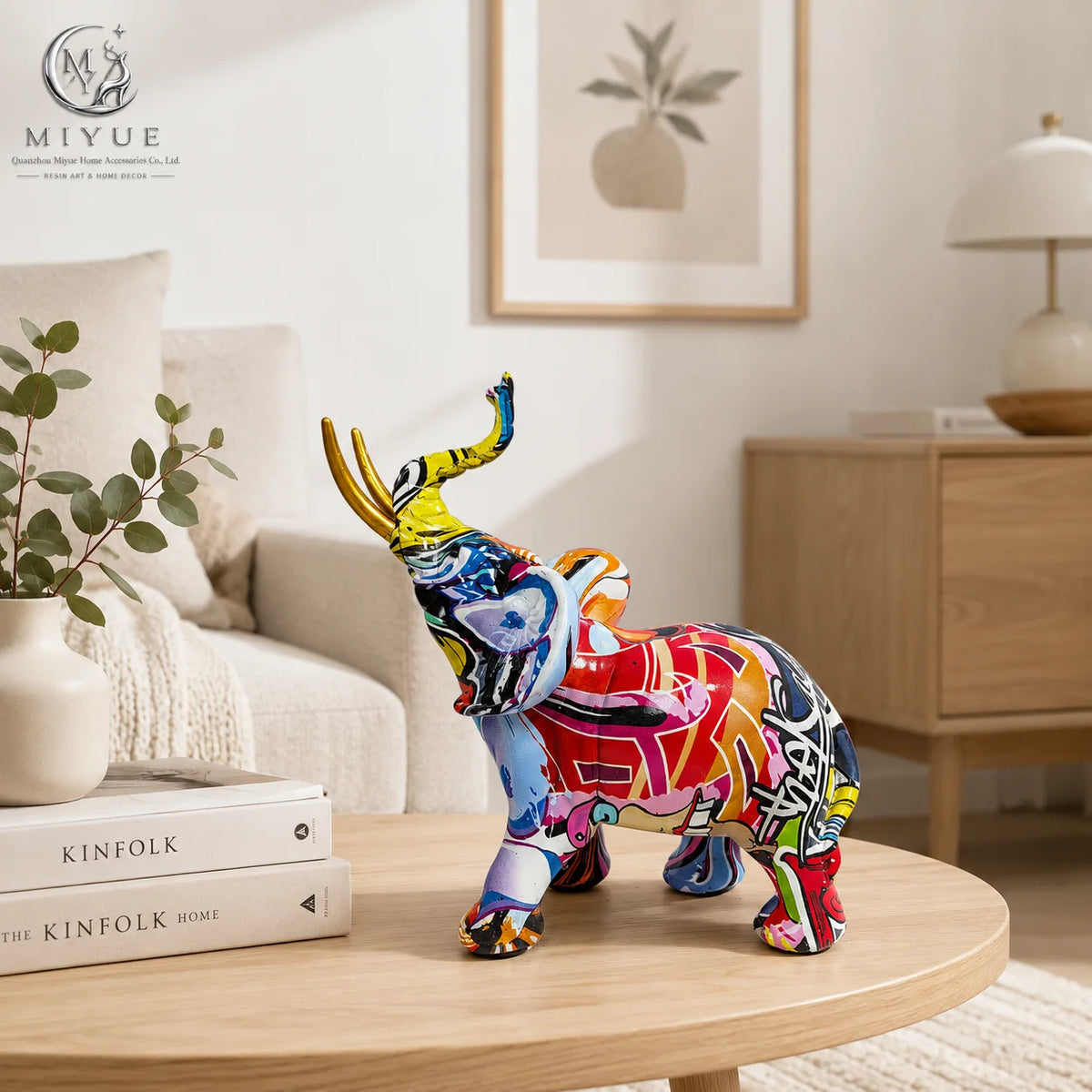 Colorful Pop Art Graffiti Elephant Resin Statue Water Transfer Street Art Pattern Elephant Statue Modern Tabletop Home Decor MegaBDM