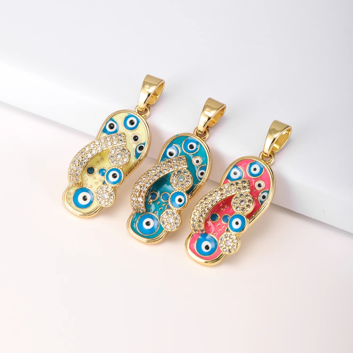 QIKU Wholesale Gold Plated Flip Flops Evils Eye Charms with Cubic Zirconia Cute Funny Trinket Charms for Jewelry Making Bulk