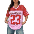 Pink Red Striped Oversized Streetwear Top Men V-Neck Loose Fit Breathable 100% Polyester Graphic Print Short Sleeve American