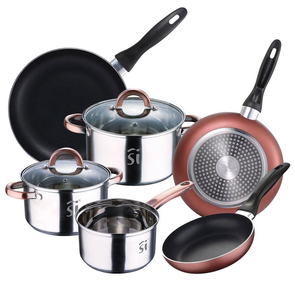 5pc stainless steel cookware set 161820 with 2 glass lids and 3-piece frying pan set 16/20/24 cm pressed aluminum