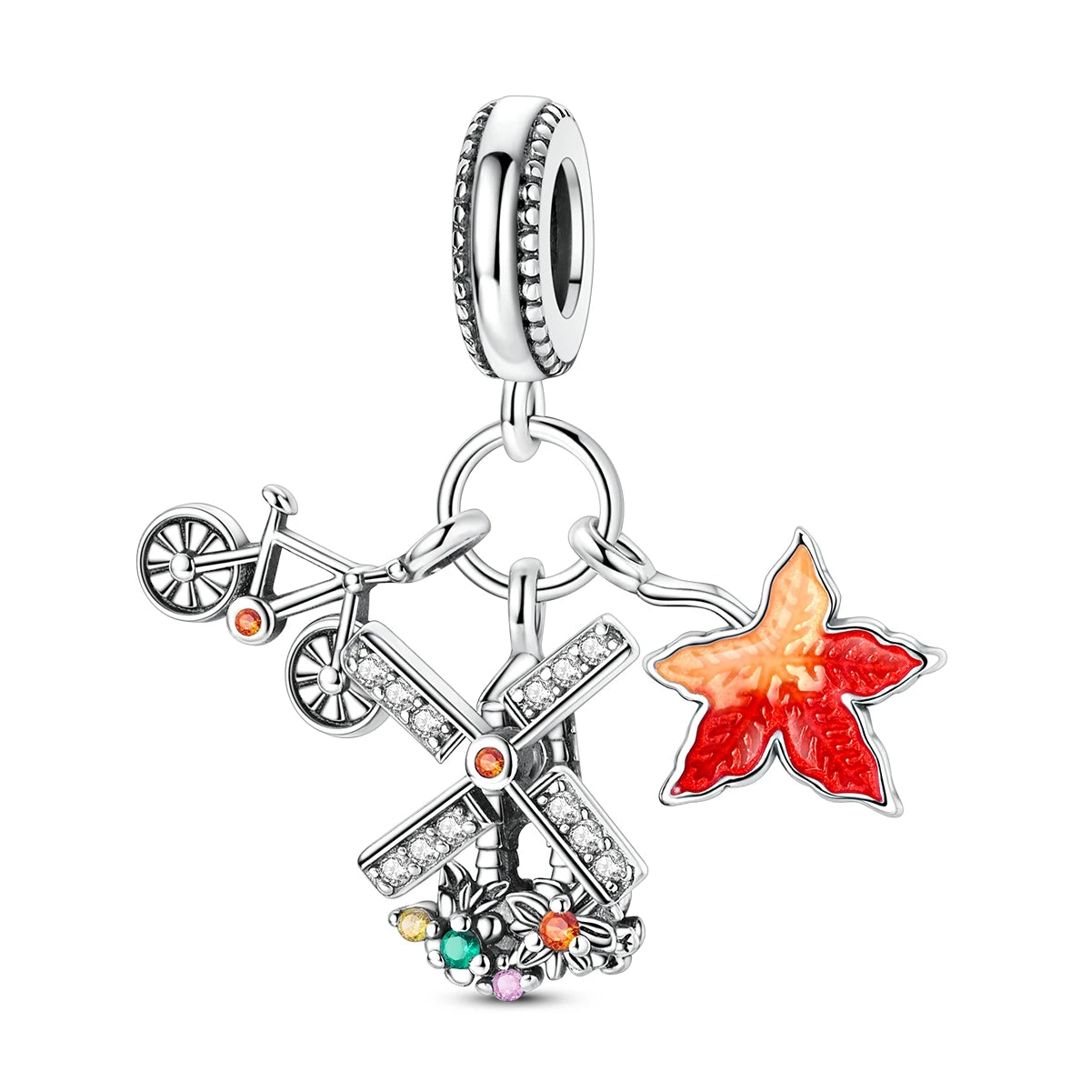 MULA Silver Autumn Series-Autumn Picnic Windmill Pendant Charms for Bracelet with Zircon for Party or Wedding Gift