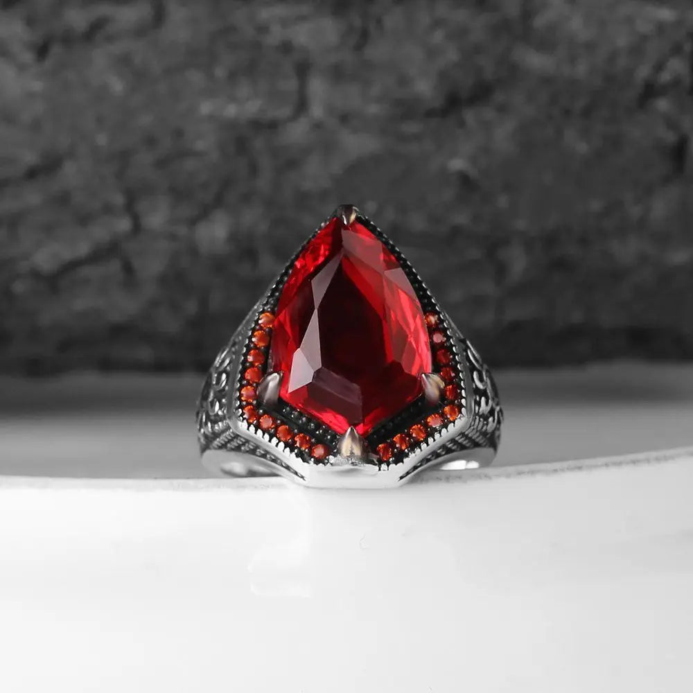 Azuris Turkish 925 Sterling Silver Men's Ring Ottoman Style Fashion Jewelry with Natural Agate Stone Model VALKH1295