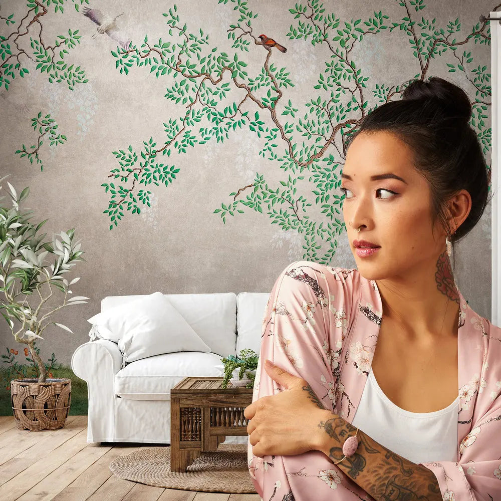 Germany Made Modern Sound-Absorbing Photo Wallpaper Murals Bird Green Brown Non Woven Vinyl Bedroom Living Room Dining Hospital