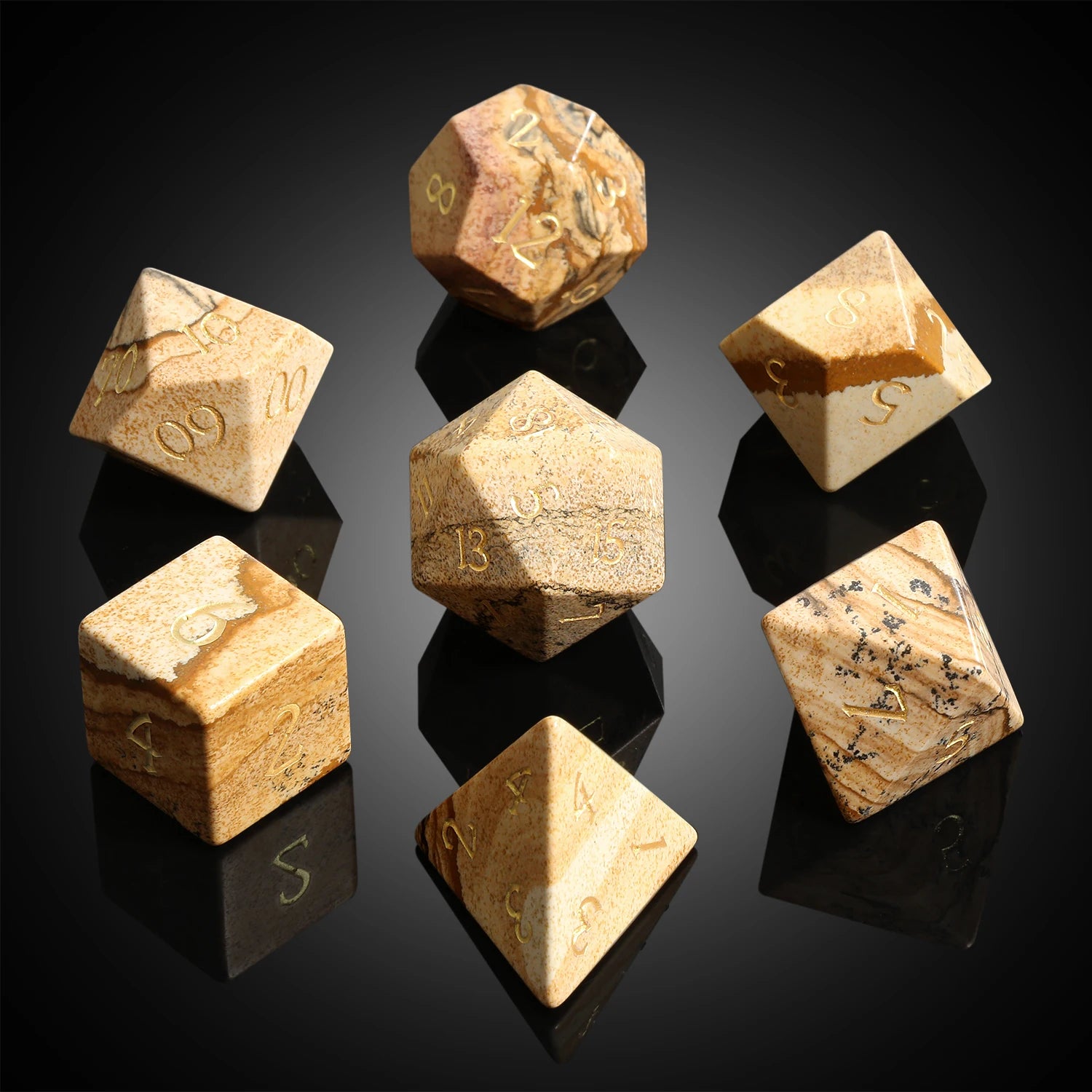 Handcrafted 16mm Picture Jasper DND Dice Set with Metal Box-Custom Polyhedral Stone Dice (d4-d20) for TTRPG