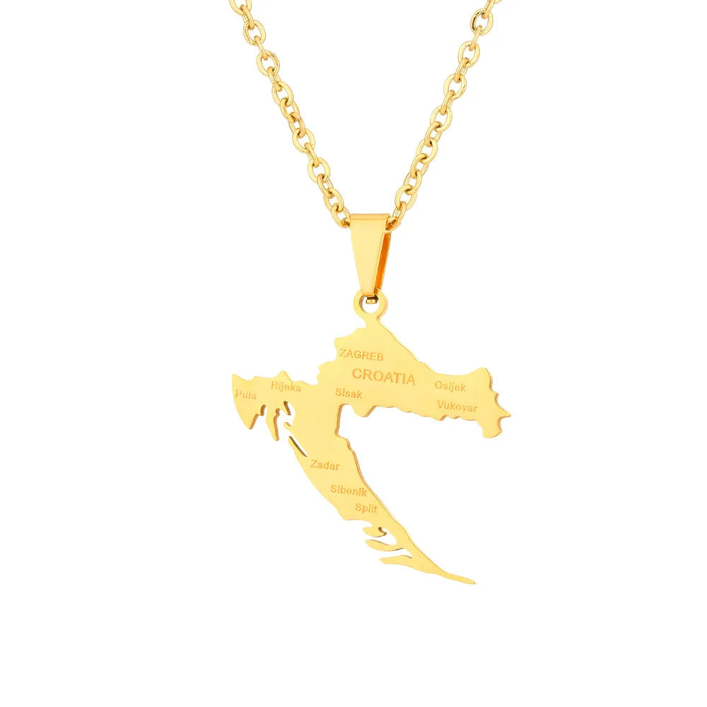 Fine Fashion Women Men 18K Gold Plated Silver Stainless Steel Peace Croatia Map Flag Pendant Collar Chain Necklace Jewelry