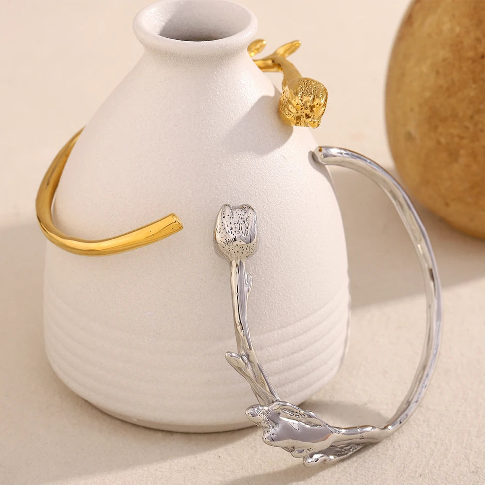 Dreamshow Fashion Bracelets & Bangles Engraved Flower Cuff Bangle 18k Gold Plated Stainless Steel Jewelry