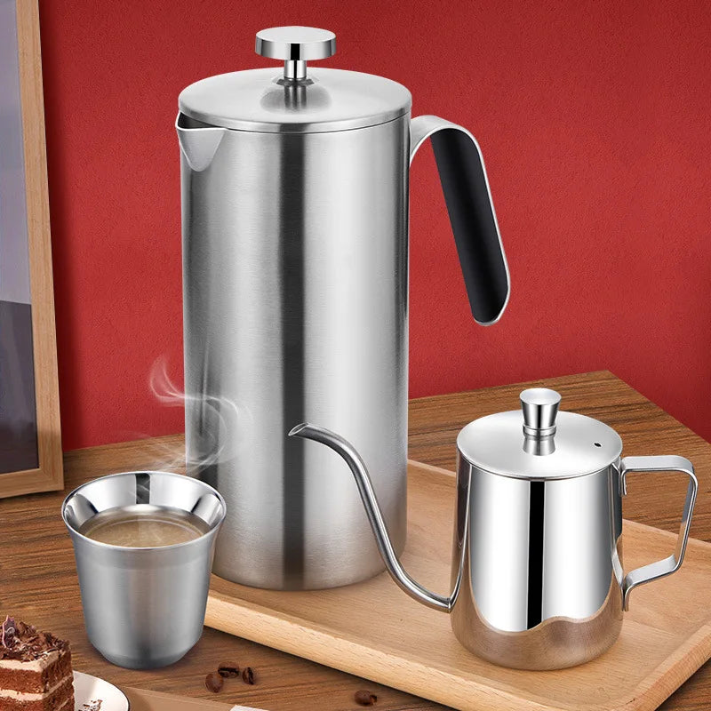 304 Stainless Steel Double Layer French Press Pot Upgraded Filter Hand Brew Coffee Pot Tea Brewing Tea Kettle Cross Border