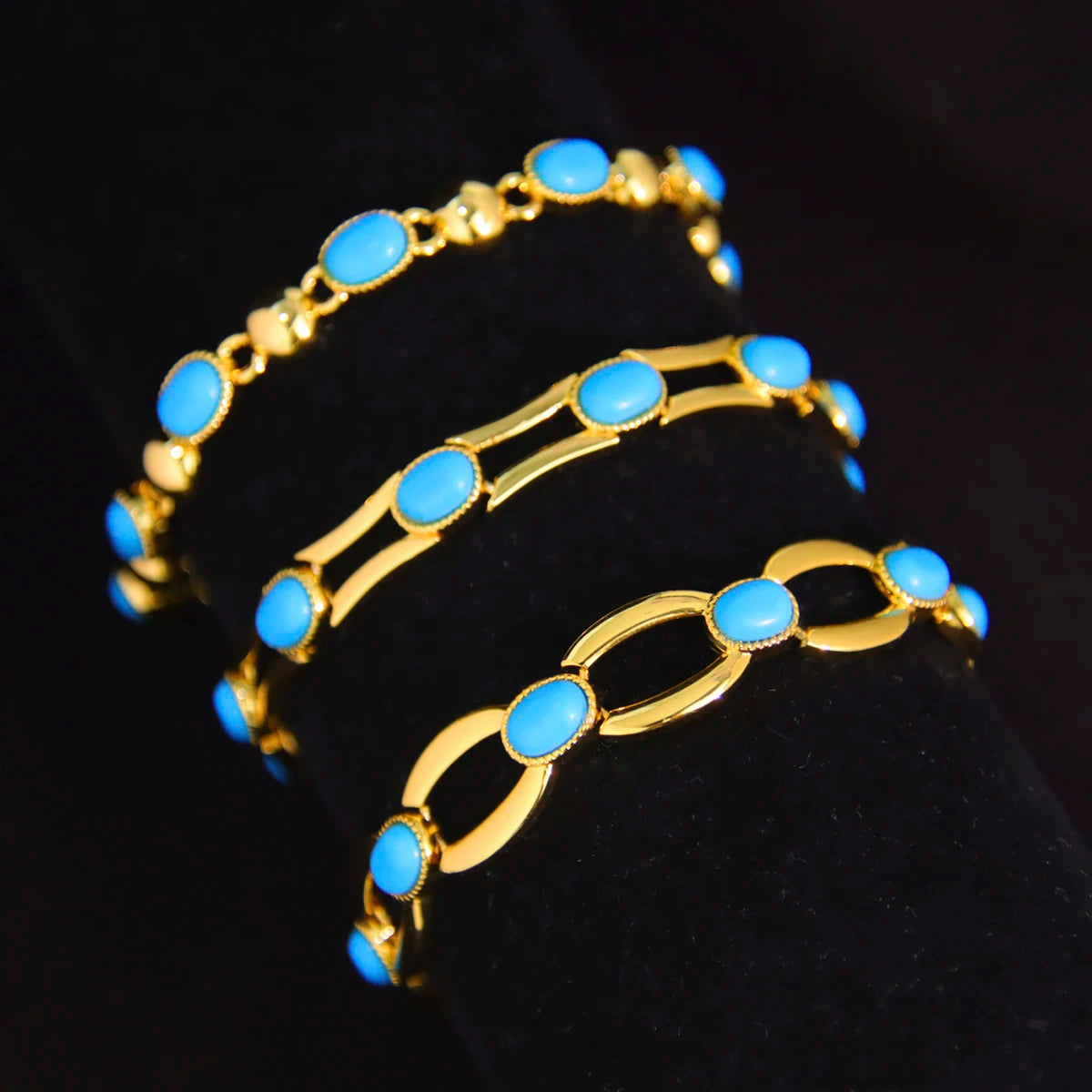 Europe America Hot Trendy Turquoise Bracelets Wholesale Elegant 21k Gold Plated Blue Dark Tennis Bracelet for Ladies
