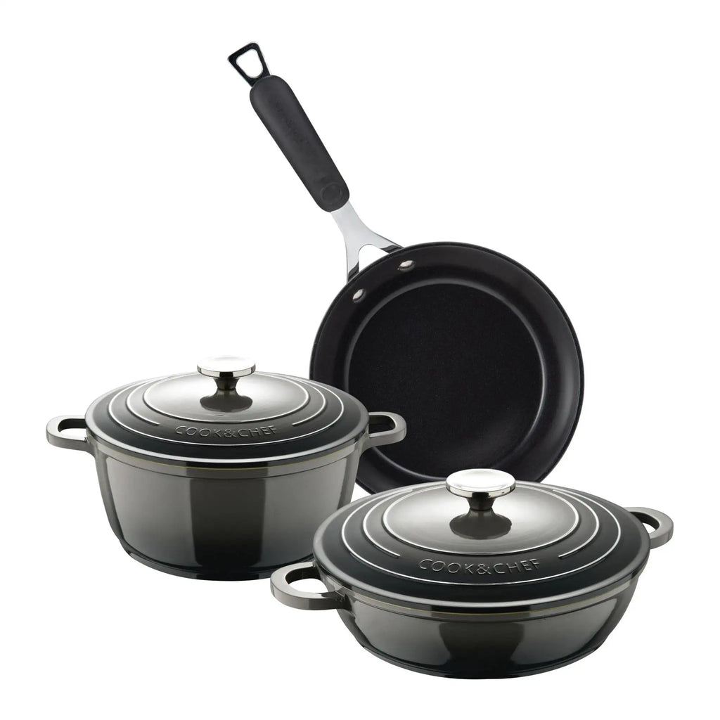 EXCALIBUR Bergner Aluminum Cookware Set: 20cm (2.4L) Casserole and 24cm (2.3L) Low Casserole + 24cm Forged Aluminum Frying Pan