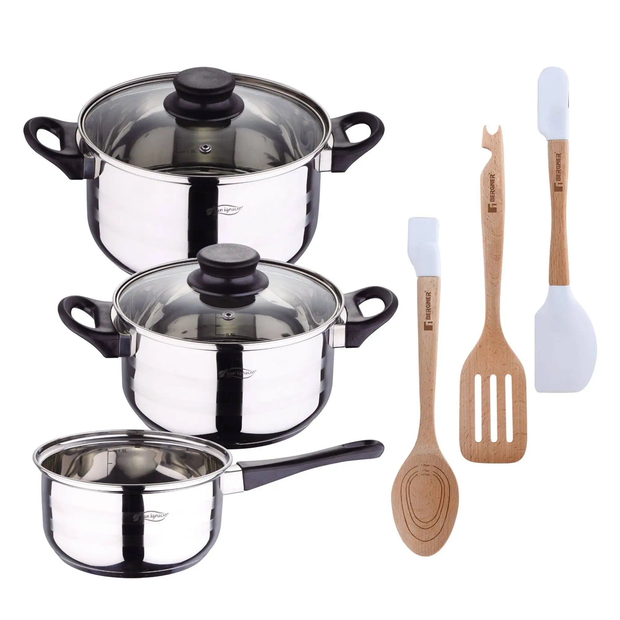 Toledo 5pc Cookware Set Suitable for Induction + Bergner NATURALLY 3-Piece Silicone and Wooden Kitchen Utensil Set