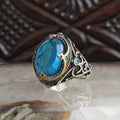 925 Sterling Silver Men's Ring with Blue Topaz Stone Turkish-Made Ottoman Style Model RCEGYT-596
