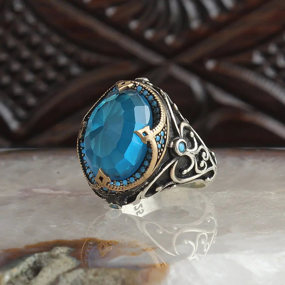 925 Sterling Silver Men's Ring with Blue Topaz Stone Turkish-Made Ottoman Style Model RCEGYT-596
