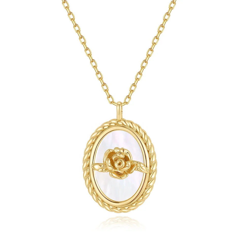 Nagosa Nickel Free 18k Gold Vermeil 925 Sterling Silver Mother of Pearl Pendant Oval Rose Coin Pendant Necklaces for Women
