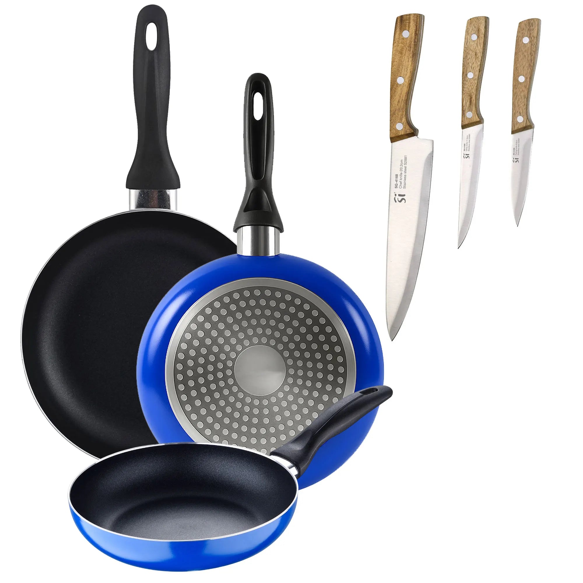 Set of 3 San Ignacio frying pans (16+20+24cm) pressed aluminum industrial blue + Set of 3 stainless steel kitchen knives