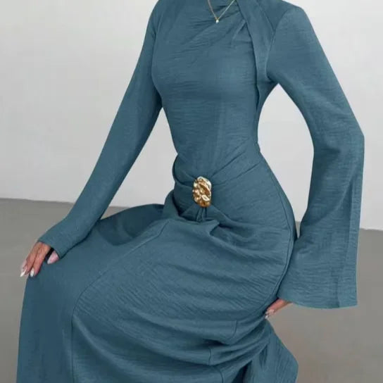 YKD109 Elegant Mysterious Blue High-end Metal Belted Dress Fashionable Style Muslim Islamic Clothing Casual Daily Wardrobe MegaBDM