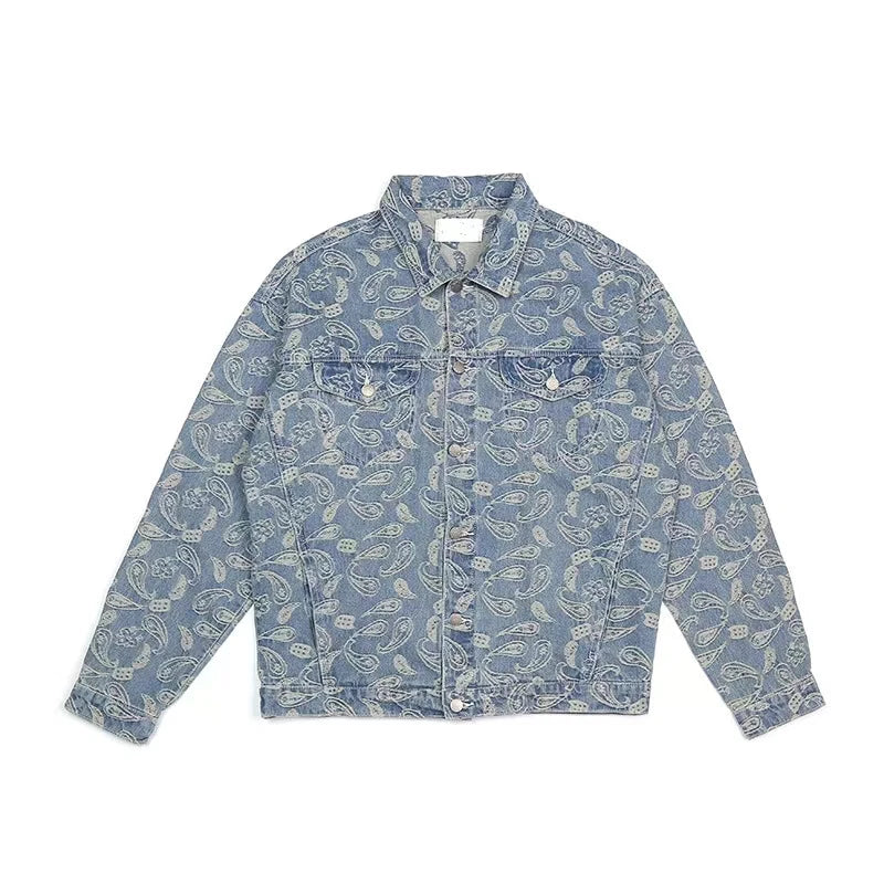 European American Street Retro Hip-hop Fashion Brand West Coast Cashew Flower Full Printed Loose Men's and Women's Denim Jacket