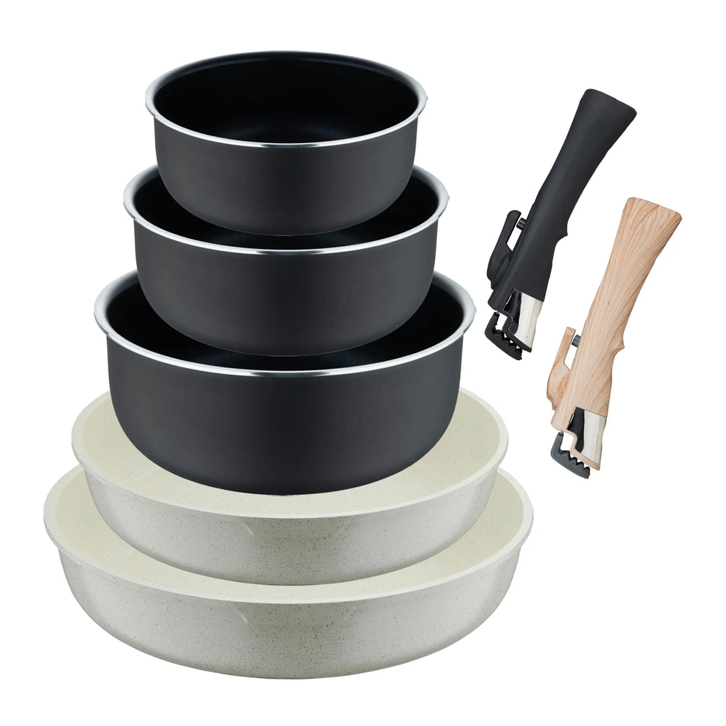 Set of 2 frying pans 22/26cm in cast aluminum white + 3 saucepans Heat Dot 16/18/20cm in pressed aluminum black + 2
