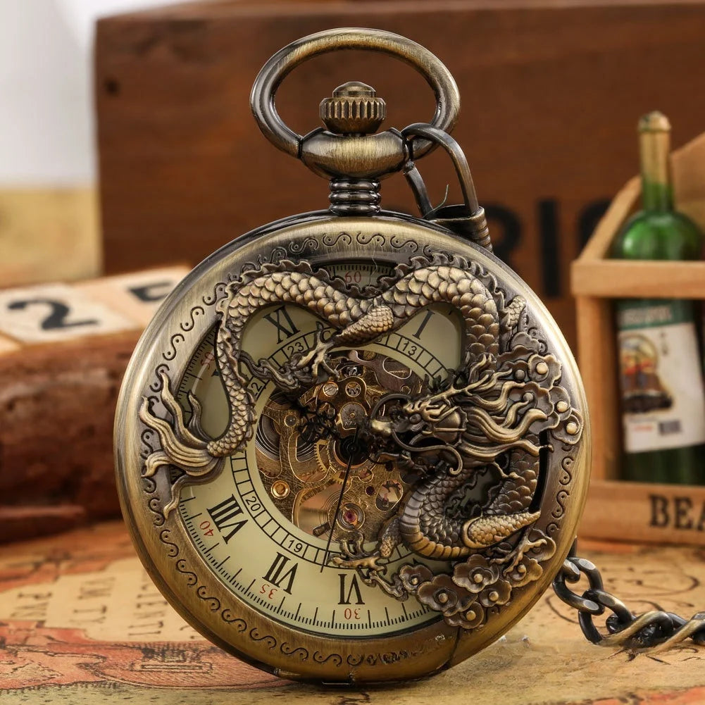 Fenyi Wholesale Retro Classic Personality Hollow Bottom Dragon Pattern Manual Antique Mechanical Non-waterproof Pocket Watch
