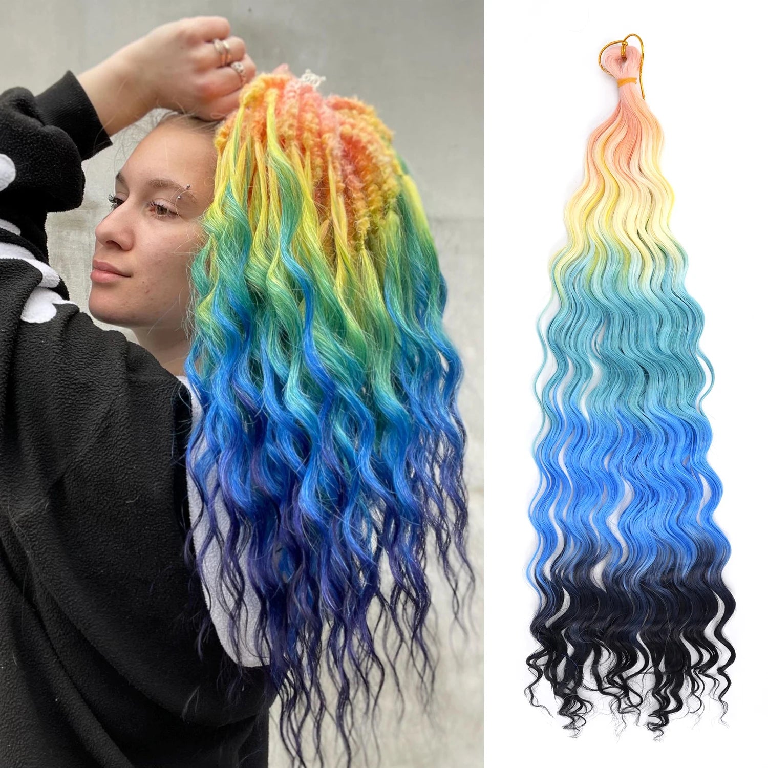 Rainbow Crochet Hair Extensions Offer Vibrant Synthetic Wavy Braiding Hair with an Ombre Gradient Perfect for Parties