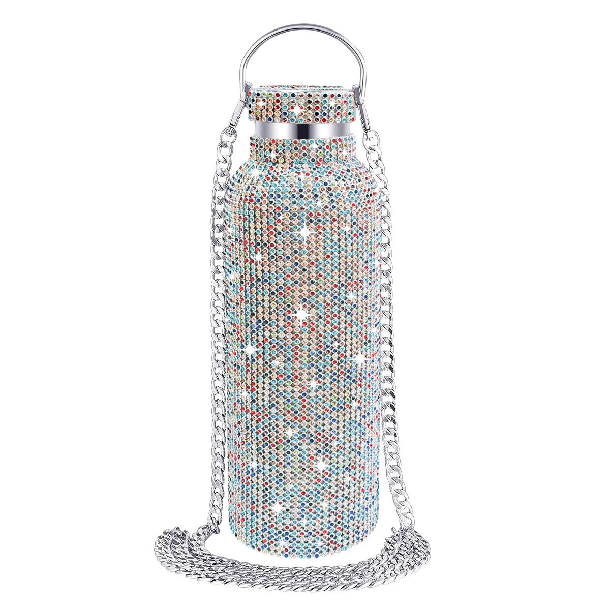 Rhinestone Cup Christmas Gift Cup Straight Stainless Steel Chain Bling Thermal Water Bottle with Glitter Diamond Lid for Women
