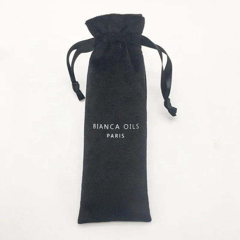 Custom White Logo Printed Luxury Velvet Drawstring Pouch Bag for Jewelry with Black Ribbon and Craft Packaging
