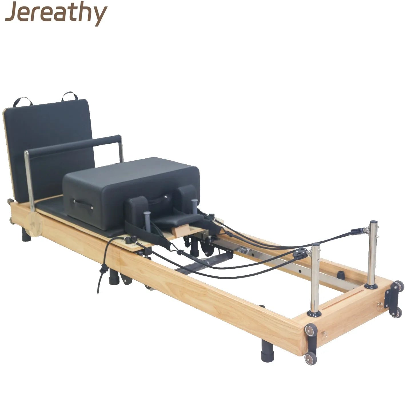 Jereathy Professional Pilates Studio Fold up Adjustable Oak Pilates Reformer with Fixed Footbar-Commercial Use Eco-Friendly