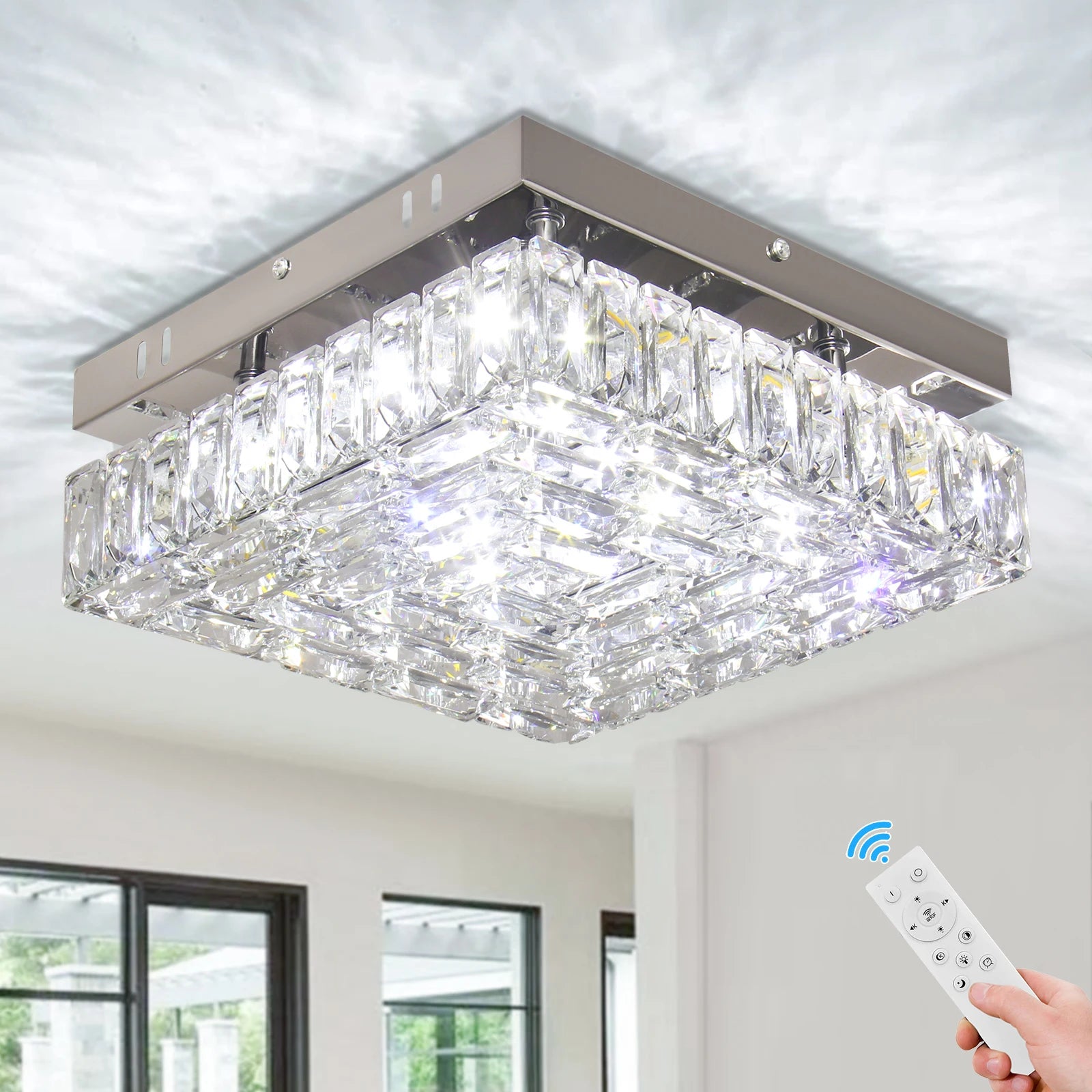 Modern Square Crystal Chandelier LED Small Chandeliers Flush Mount Ceiling Light Fixtures for Bedroom Hallway Foyer 6000K